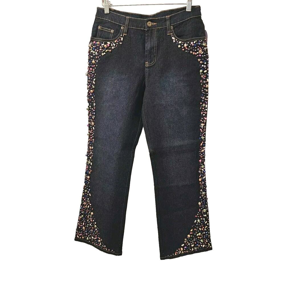 Diane Gilman DG2 Embellished Jeans Sz 10P Jewels Elvis Gemstones Rainbow Gems